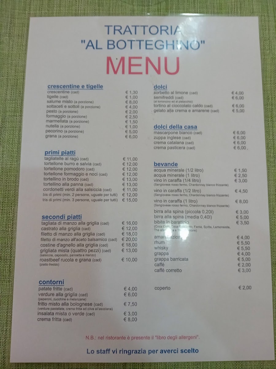 Trattoria Al Botteghino Menu - Image 1